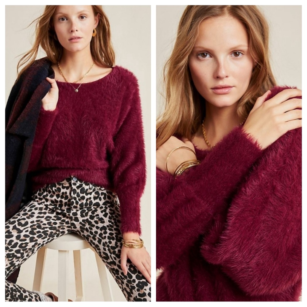 Anthropologie Ember Eyelash Fuzzy Sweater Wine Burgundy Red Furry Soft
